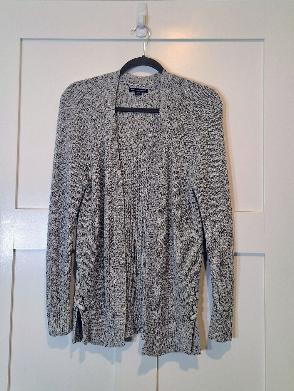 American Eagle Cardigan Open Front Knit Lace Up Side Hems Gray Marled Stretch S